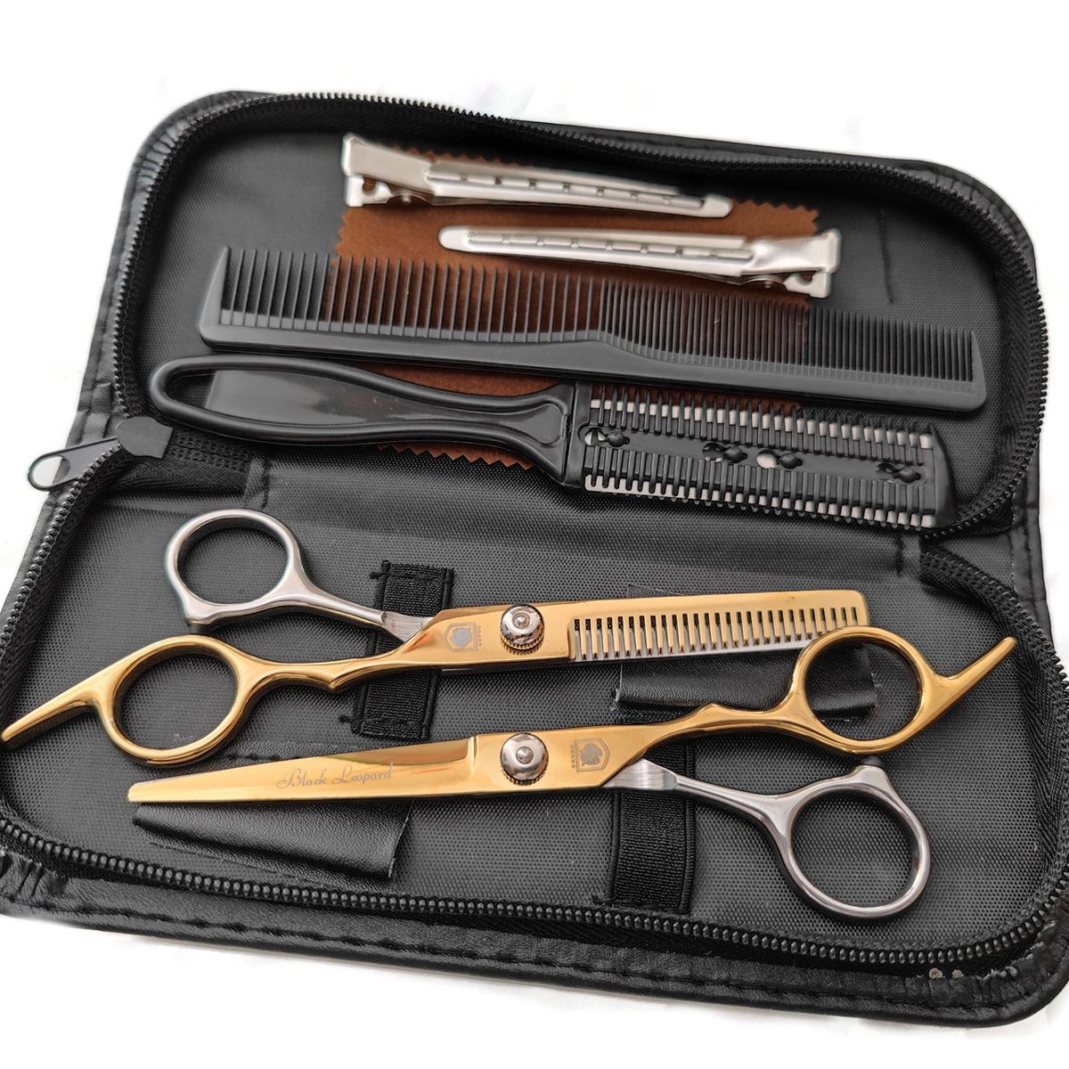 GENERICO - Set tijeras profesionales peluqueria Black Leopard SilverGold Capa