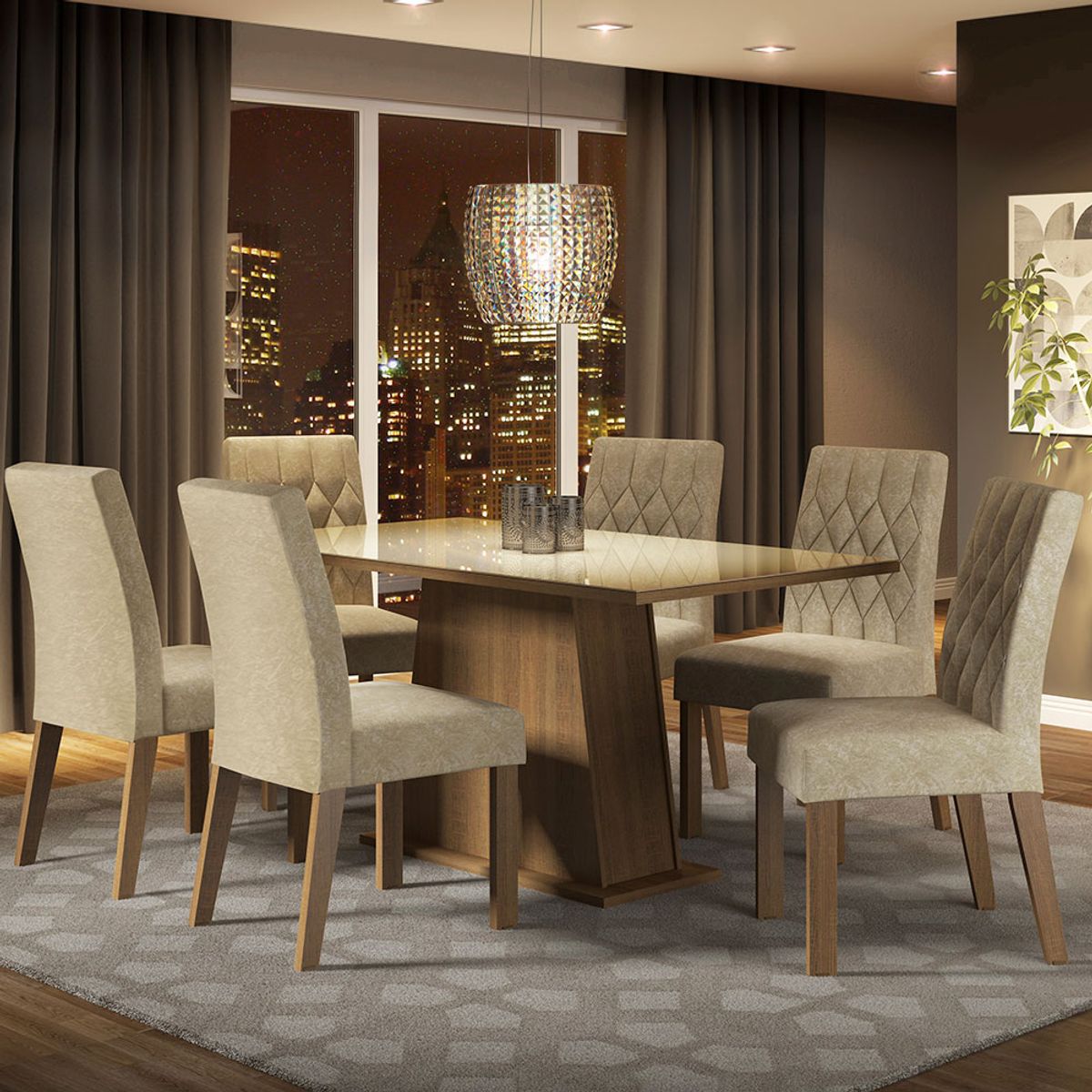 MADESA - Juego de Comedor Stéfani con 6 Sillas - Tablero de Madera y Cristal