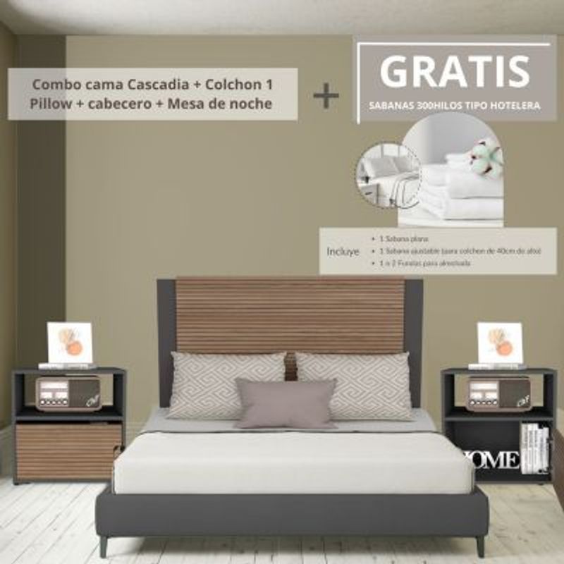EKONOMODO COLOMBIA - Colchon Semidoble Pillow + Cama Cascadia Mesas de noche GRATIS Sabanas