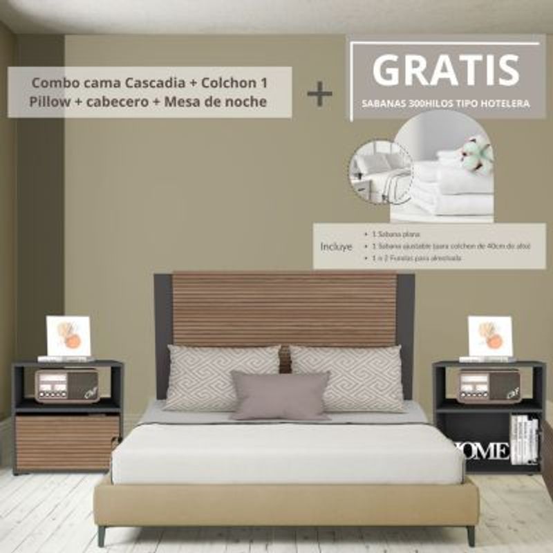 EKONOMODO COLOMBIA - Colchon Doble Pillow + Cama Cascadia Mesas de noche GRATIS Sabanas