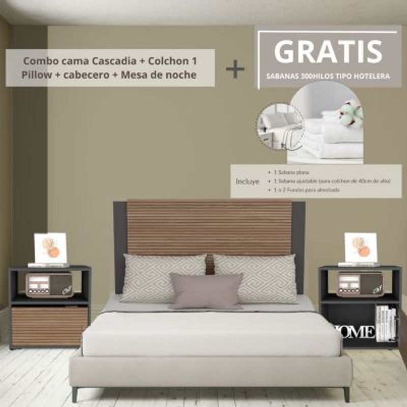 EKONOMODO COLOMBIA - Colchon Queen Pillow + Cama Cascadia + Mesas de noche GRATIS Sabanas
