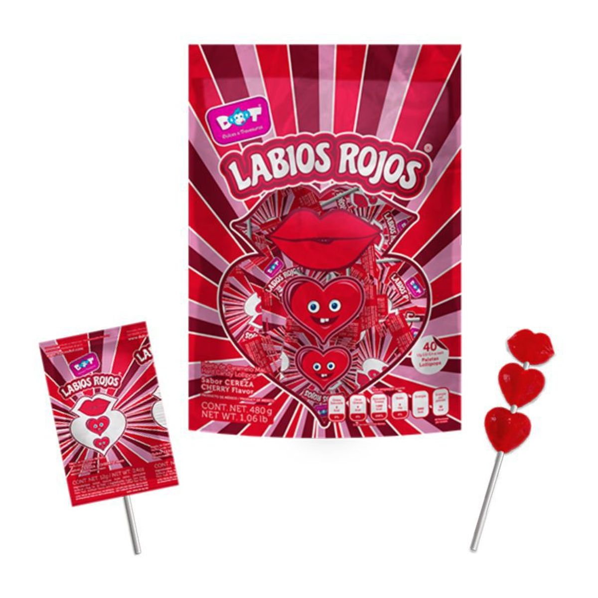 GENERICO - Chupetas Labios Rojos Doble Corazón x40 unid