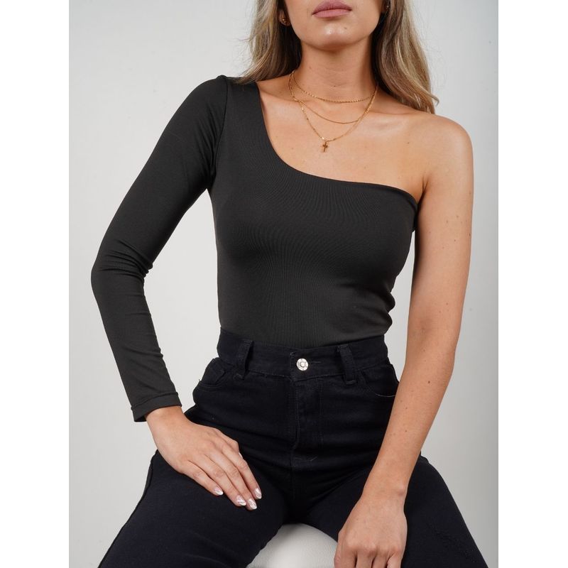 MOLGOA - Body para Mujer Escote Asimétrico Manga Larga - The Sunshine Negro