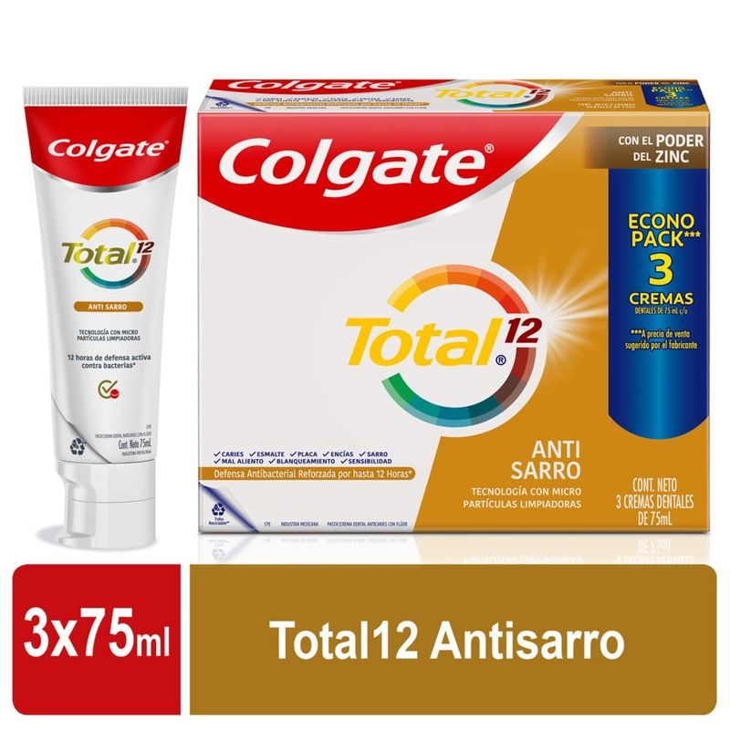 COLGATE - Crema Dental Colgate Total Anti Sarro Prevención Activa 3x75ml