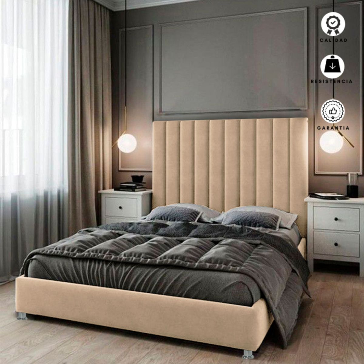 EKONOMODO COLOMBIA - Base Cama Con Espaldar Queen En Pino Natura Taupe 160X190 Cm
