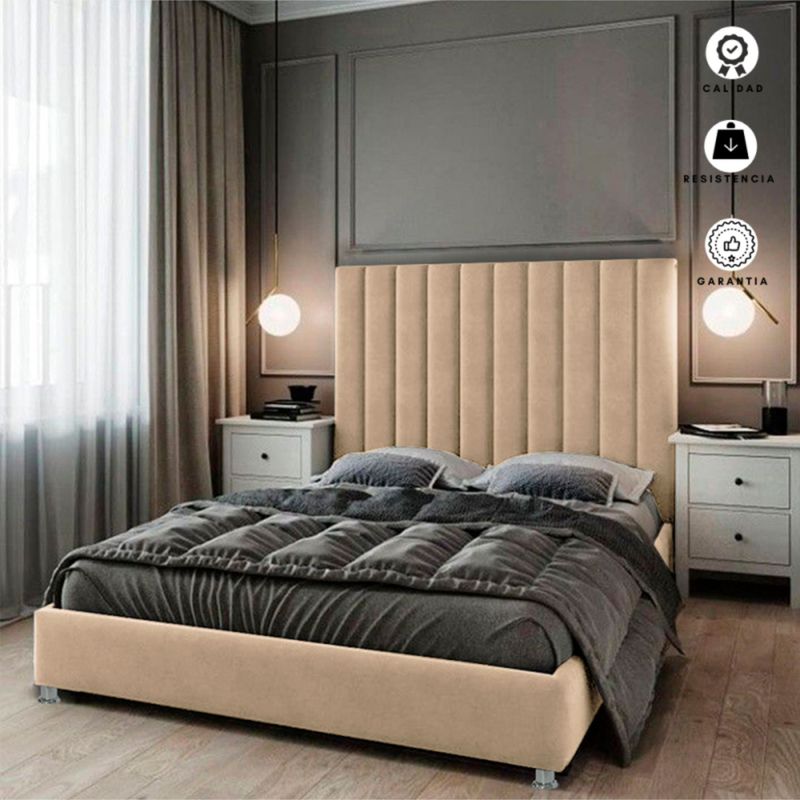 EKONOMODO COLOMBIA - Base cama con Espaldar Queen en pino Natura Taupe 160x190 cm