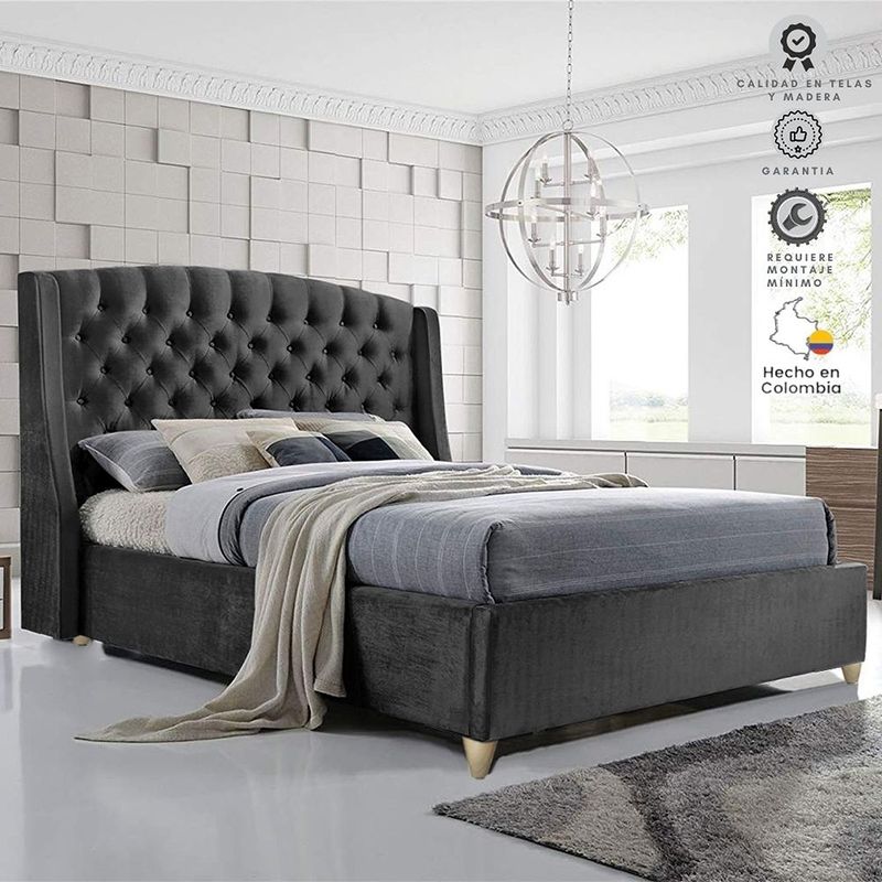 EKONOMODO COLOMBIA - Base cama con Espaldar King en pino Italia Gris Plomo 200x200 cm