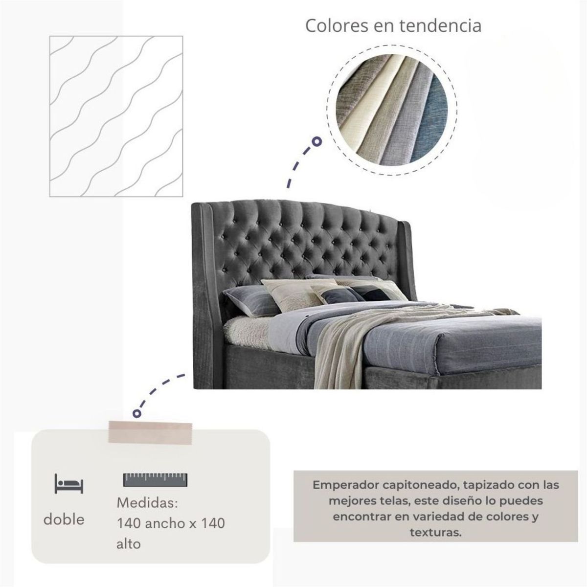 EKONOMODO COLOMBIA - Base Cama Con Espaldar Doble En Pino Italia Gris Plomo 140X190 Cm