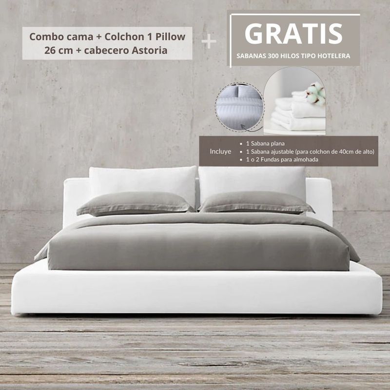 EKONOMODO COLOMBIA - Colchon Doble 1 Pillow con Cama Astoria Blanca 140x190 GRATIS Sabanas