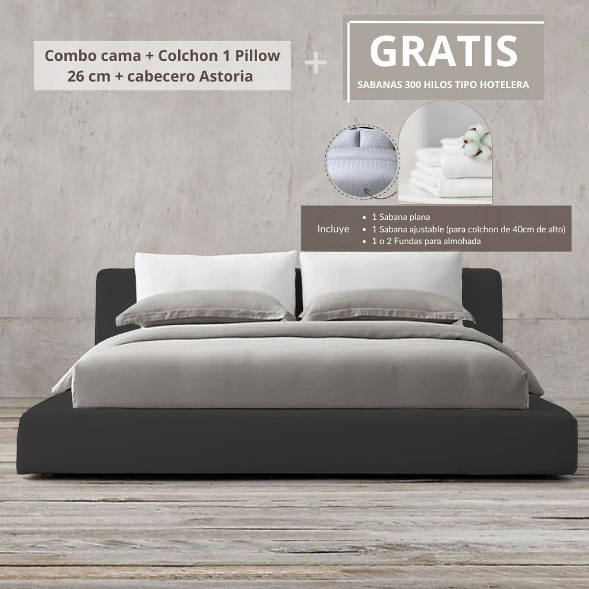 EKONOMODO COLOMBIA - Colchon Doble 1 Pillow Con Cama Astoria Negro 140X190 Gratis Sabanas
