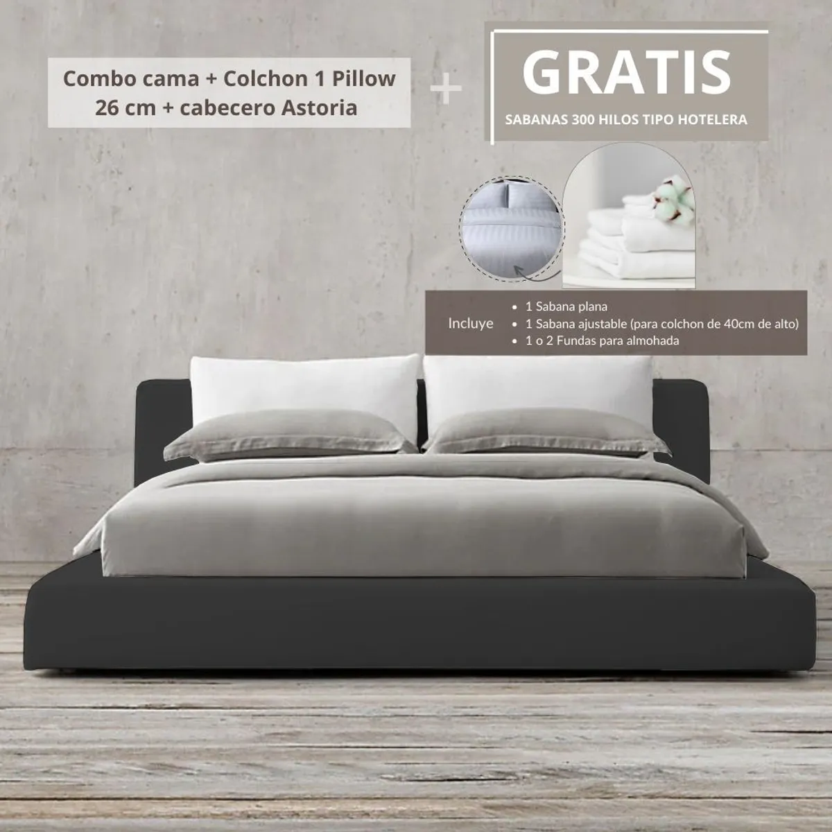 EKONOMODO COLOMBIA - Colchon Doble 1 Pillow Con Cama Astoria Negro 140X190 Gratis Sabanas