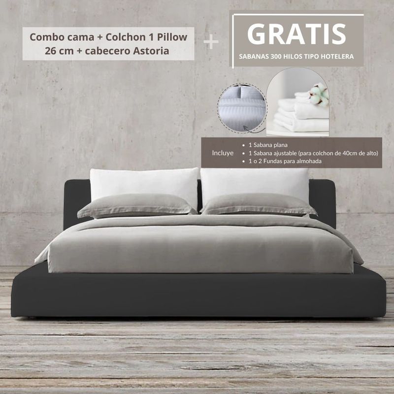 EKONOMODO COLOMBIA - Colchon Doble 1 Pillow con Cama Astoria Negro 140x190 GRATIS Sabanas