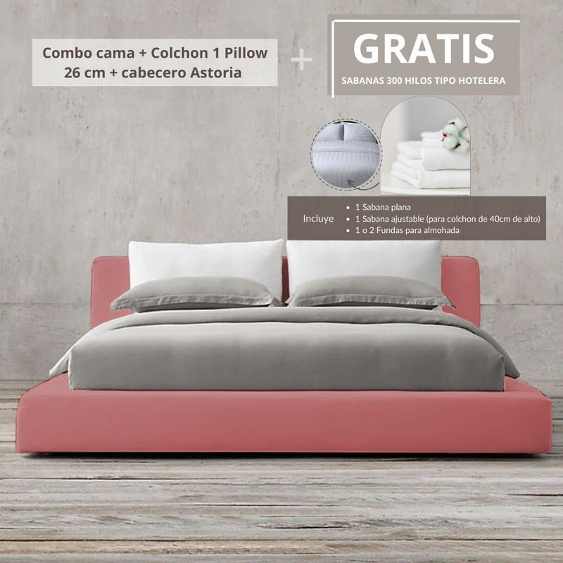 EKONOMODO COLOMBIA - Colchon Doble 1 Pillow con Cama Astoria Salmon 140x190 GRATIS Sabanas
