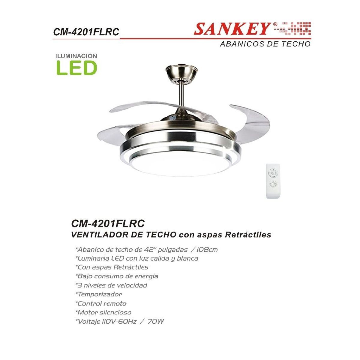 SANKEY - Ventilador de Techo Aspas Retráctiles Control Remoto y Lámpara Sankey