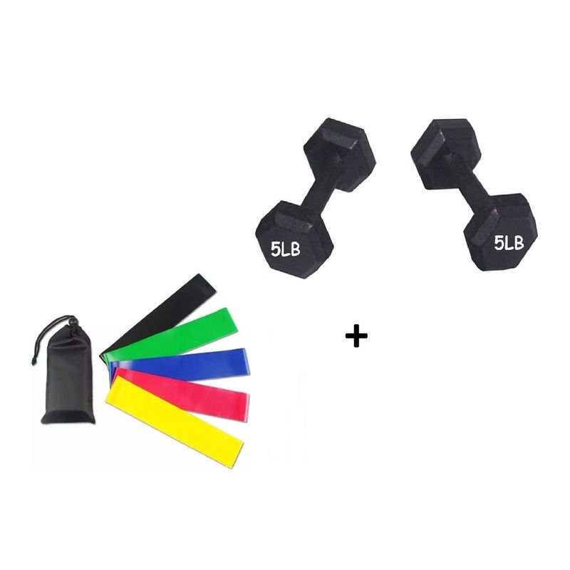 GENERICO - 5 Bandas Elasticas + Par Mancuerna De 5 Lbs C/u