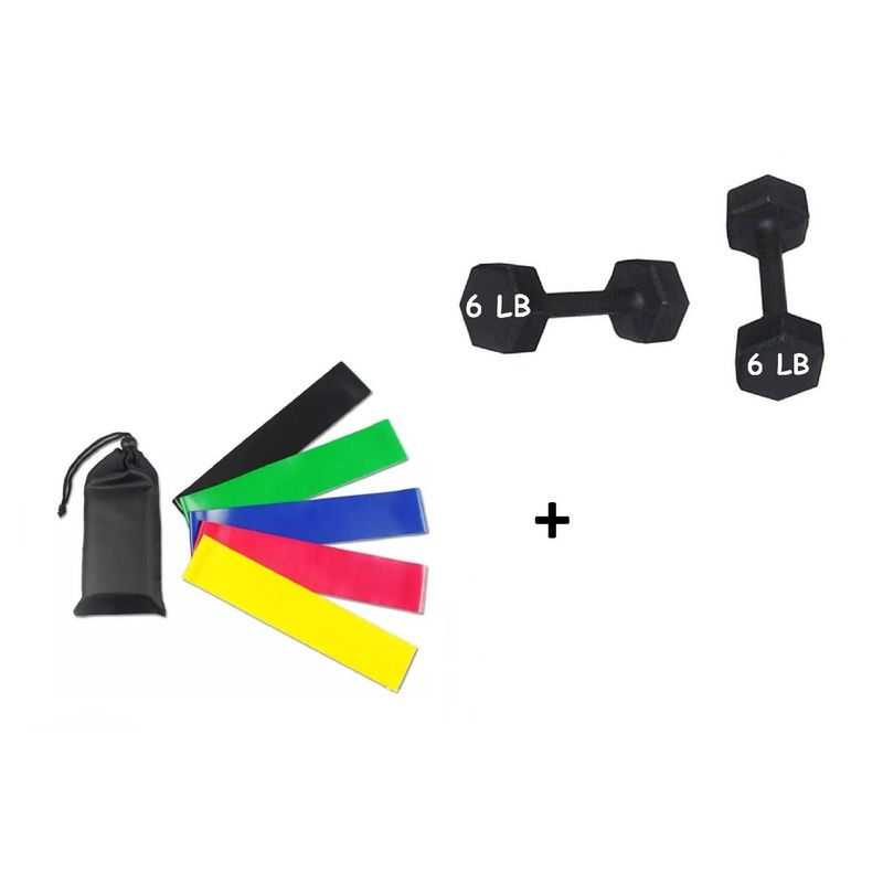 GENERICO - 5 Bandas Elasticas + Par Mancuerna De 6 Lbs C/U