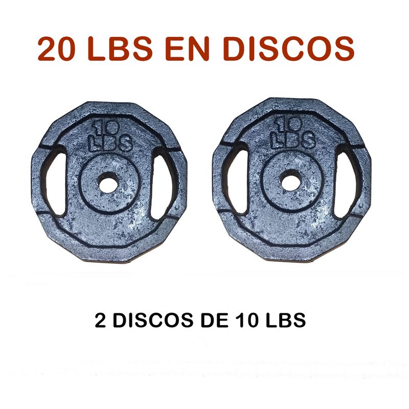 GENERICO - 20 LBS EN DISCOS (2 discos de 10 lbs) - MEDIDA ESTÁNDAR