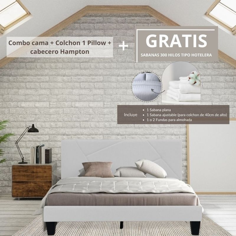 EKONOMODO COLOMBIA - Colchon Semidoble Pillow con Cama Hampton Blanca 120x190 GRATIS Sabana