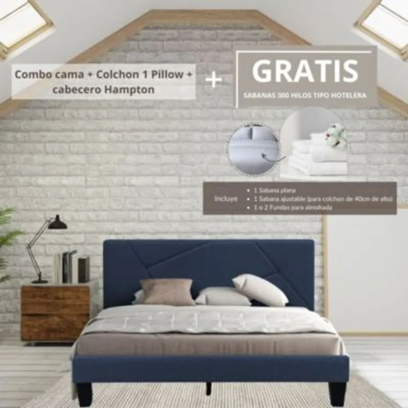 EKONOMODO COLOMBIA - Colchon Semidoble Pillow con Cama Hampton Azul 120x190 GRATIS Sabanas