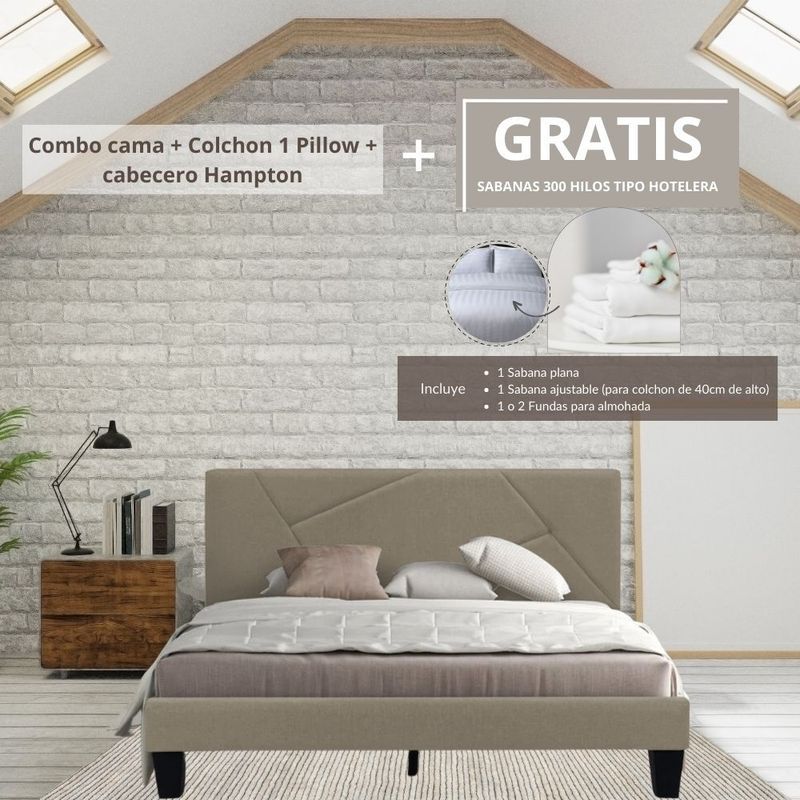EKONOMODO COLOMBIA - Colchon Semidoble Pillow con Cama Hampton Taupe 120x190 GRATIS Sabanas