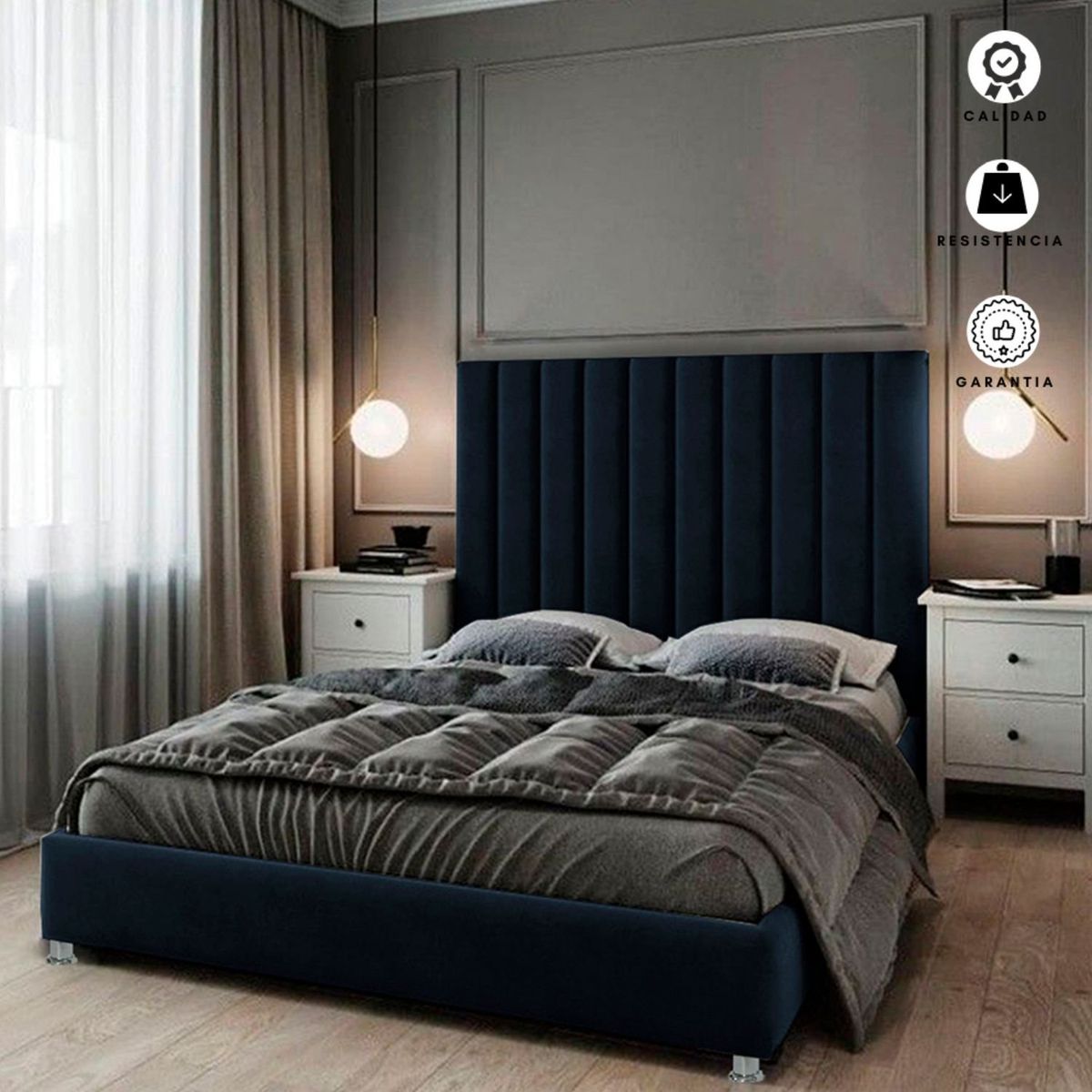 EKONOMODO COLOMBIA - Base Cama Con Espaldar Queen En Pino Natura Azul 160X190 Cm