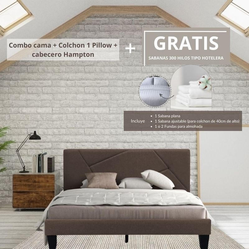 EKONOMODO COLOMBIA - Colchon Doble 1 Pillow con Cama Hampton Cafe 140x190 GRATIS Sabanas