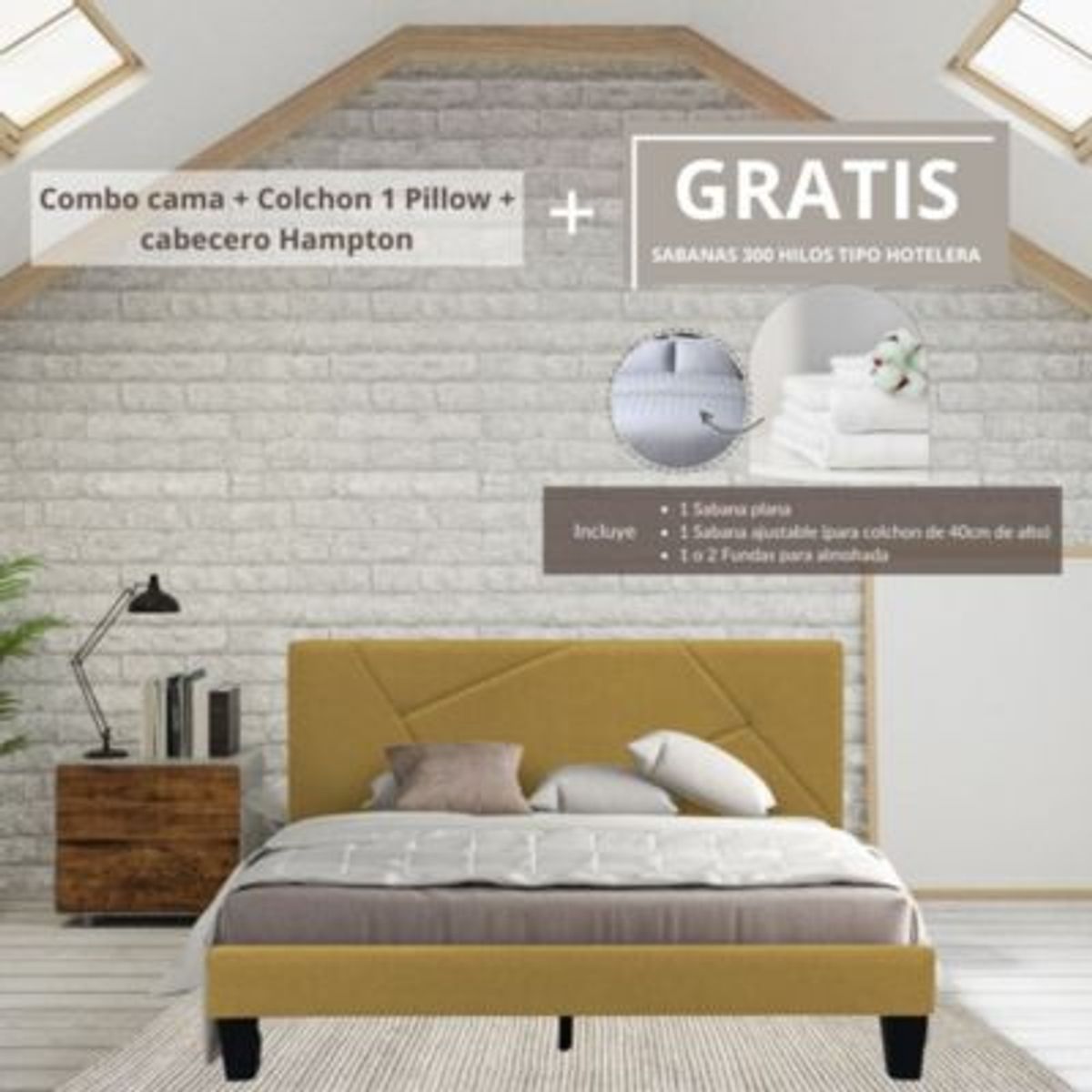 EKONOMODO COLOMBIA - Colchon Queen 1 Pillow Con Cama Hampton Mostaza 160X190 Gratis Sabanas