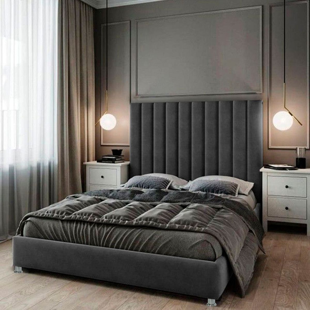 EKONOMODO COLOMBIA - Base Cama Con Espaldar King En Pino Natura Gris Plomo 200X200 Cm