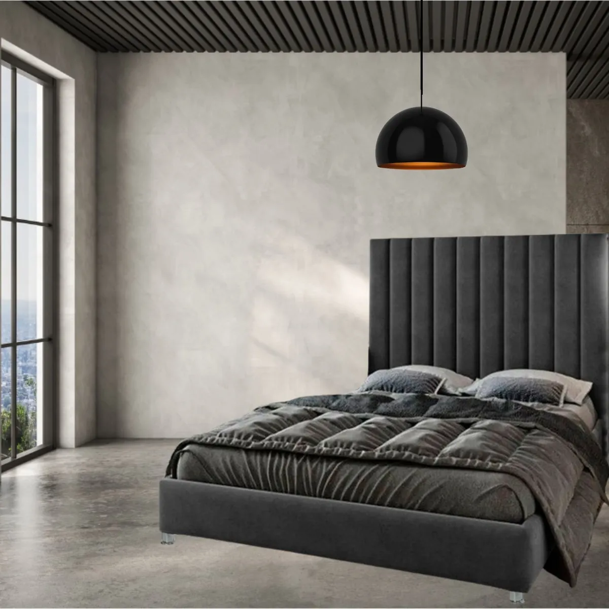EKONOMODO COLOMBIA - Base Cama Con Espaldar King En Pino Natura Gris Plomo 200X200 Cm
