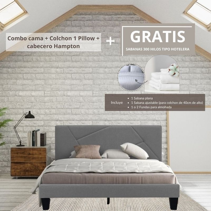 EKONOMODO COLOMBIA - Colchon King 1 Pillow con Cama Hampton Gris 200x200 GRATIS Sabanas
