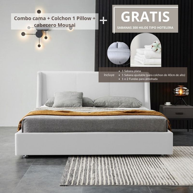 EKONOMODO COLOMBIA - Colchon Semidoble 1Pillow con Cama Mousai Blanca 120x190 GRATIS Sabana