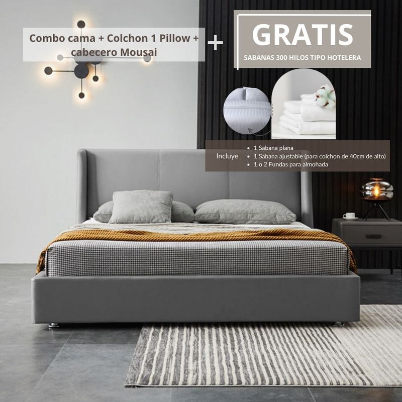 EKONOMODO COLOMBIA - Colchon Semidoble 1 Pillow con Cama Mousai Gris 120x190 GRATIS Sabanas