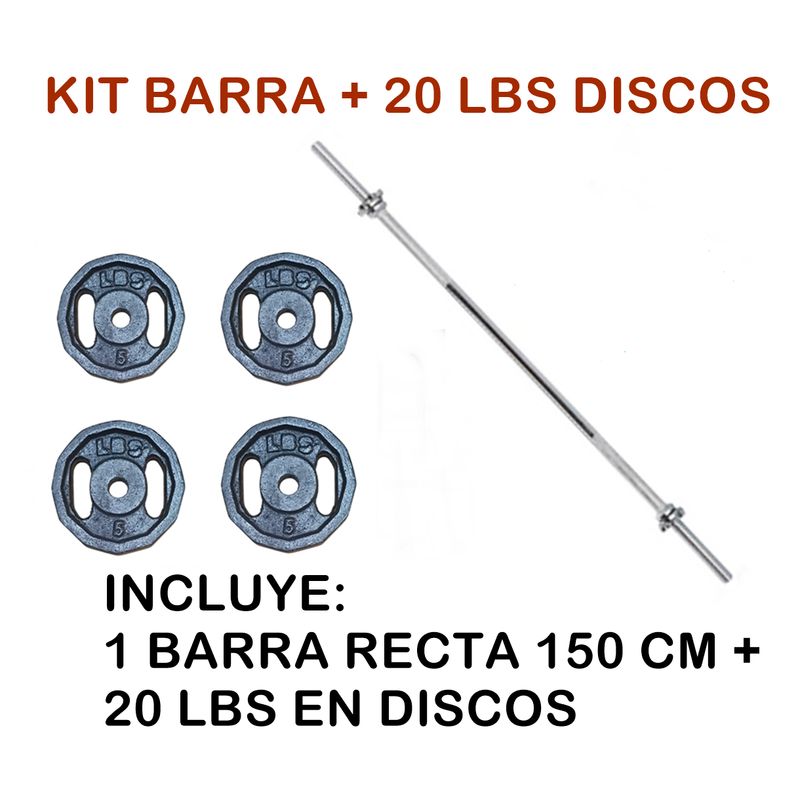 GENERICO - KIT BARRA: BARRA RECTA IMPORTADA 1.5 M - 20 LBS EN DISCOS -2