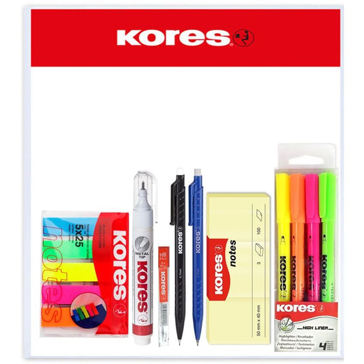 KORES - Kit resaltadores + portaminas + notas + corrector + minas