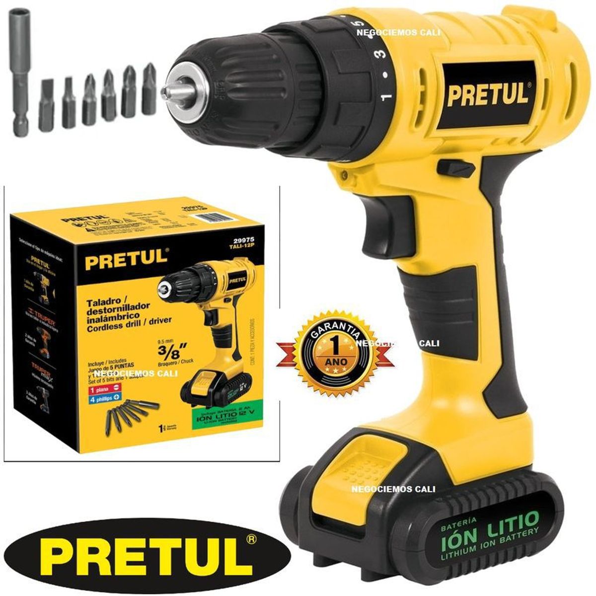 PRETUL - Taladro inalambrico 3/8 pretul 12 vol ion litio accesorios + cargador