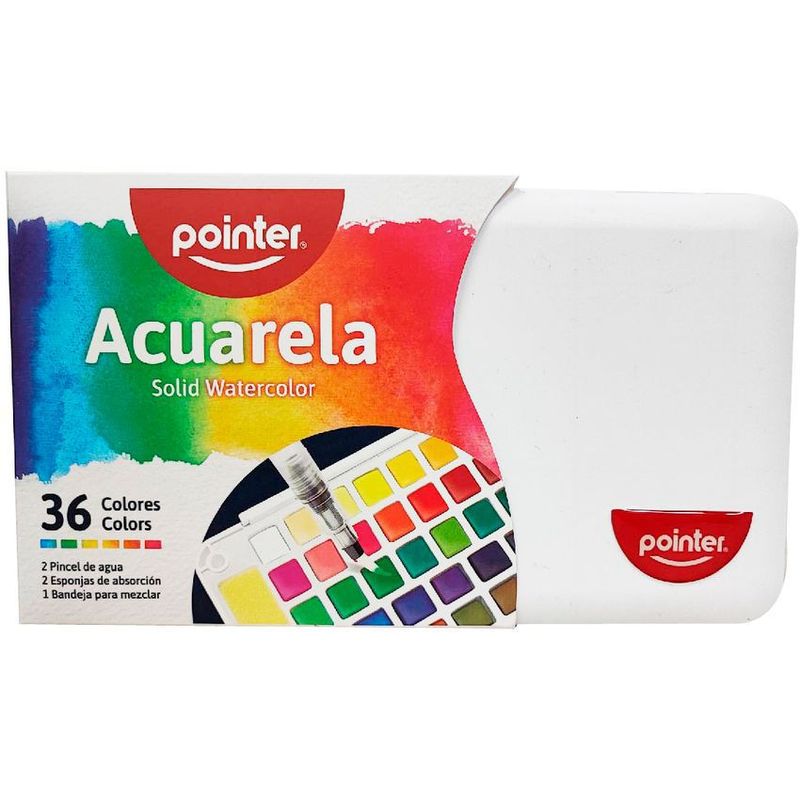 POINTER - Acuarela Pointer X36 Colores + 2 Pinceles Esponjas y Bandeja