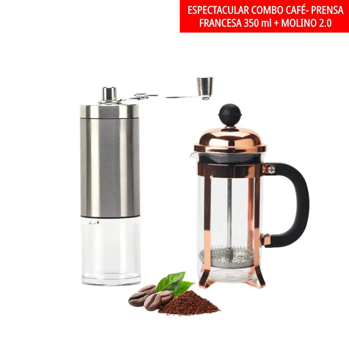 GENERICO - Combo Café- Prensa Francesa 350ml Oro Rosa Molino En Acero Inoxidable
