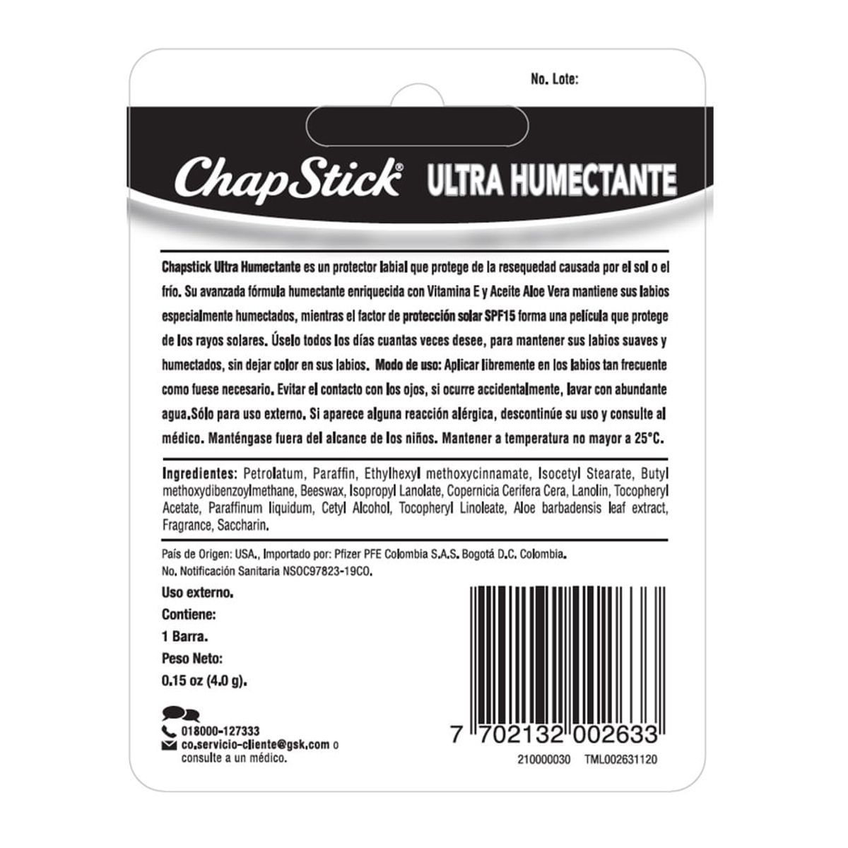 CHAPSTICK - Protector Labial Chapstick Ultra Humectante Spf 15