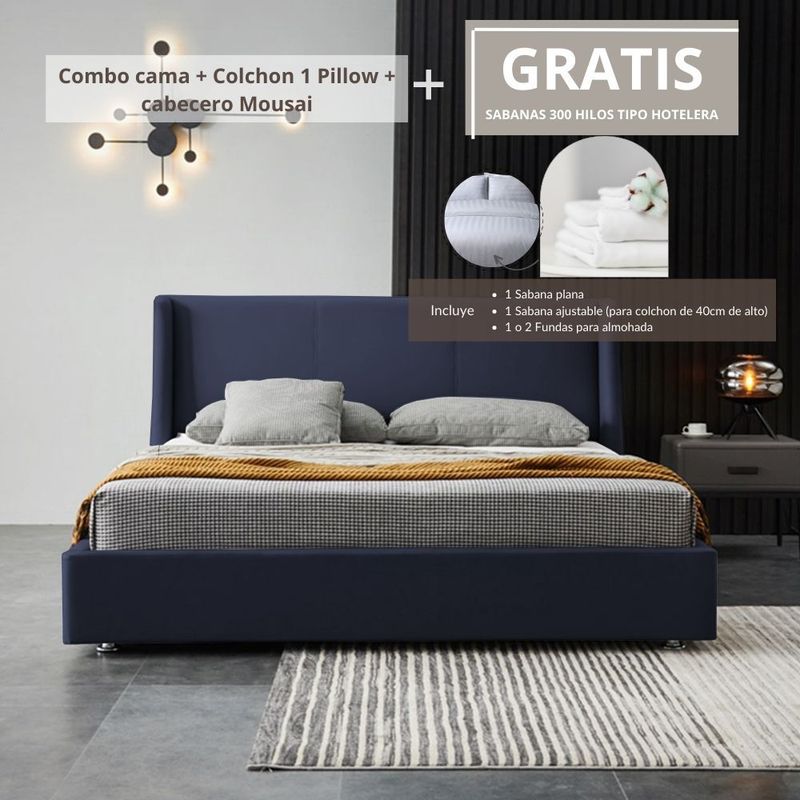 EKONOMODO COLOMBIA - Colchon Doble 1 Pillow con Cama en pino Mousai Azul 140x190 cm