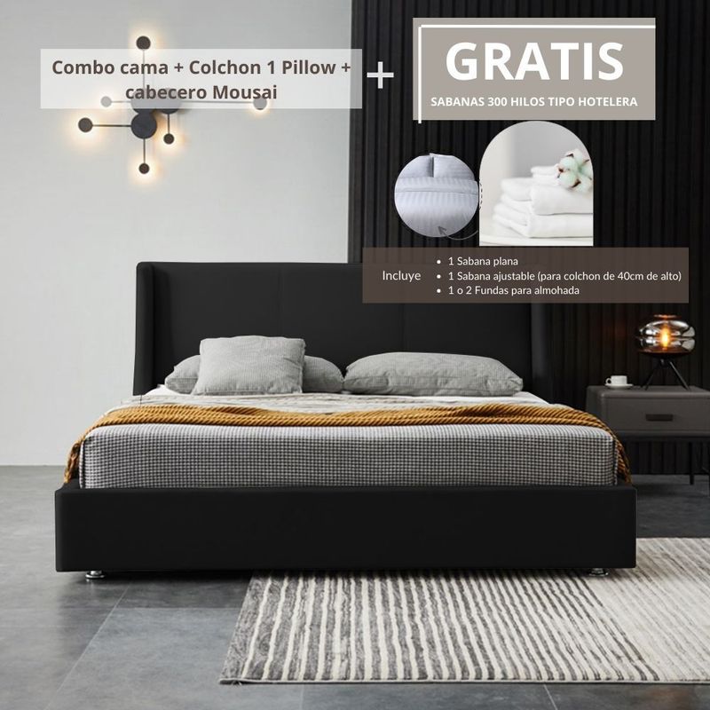 EKONOMODO COLOMBIA - Colchon King 1 Pillow con Cama en pino Mousai Negro 200x200 cm
