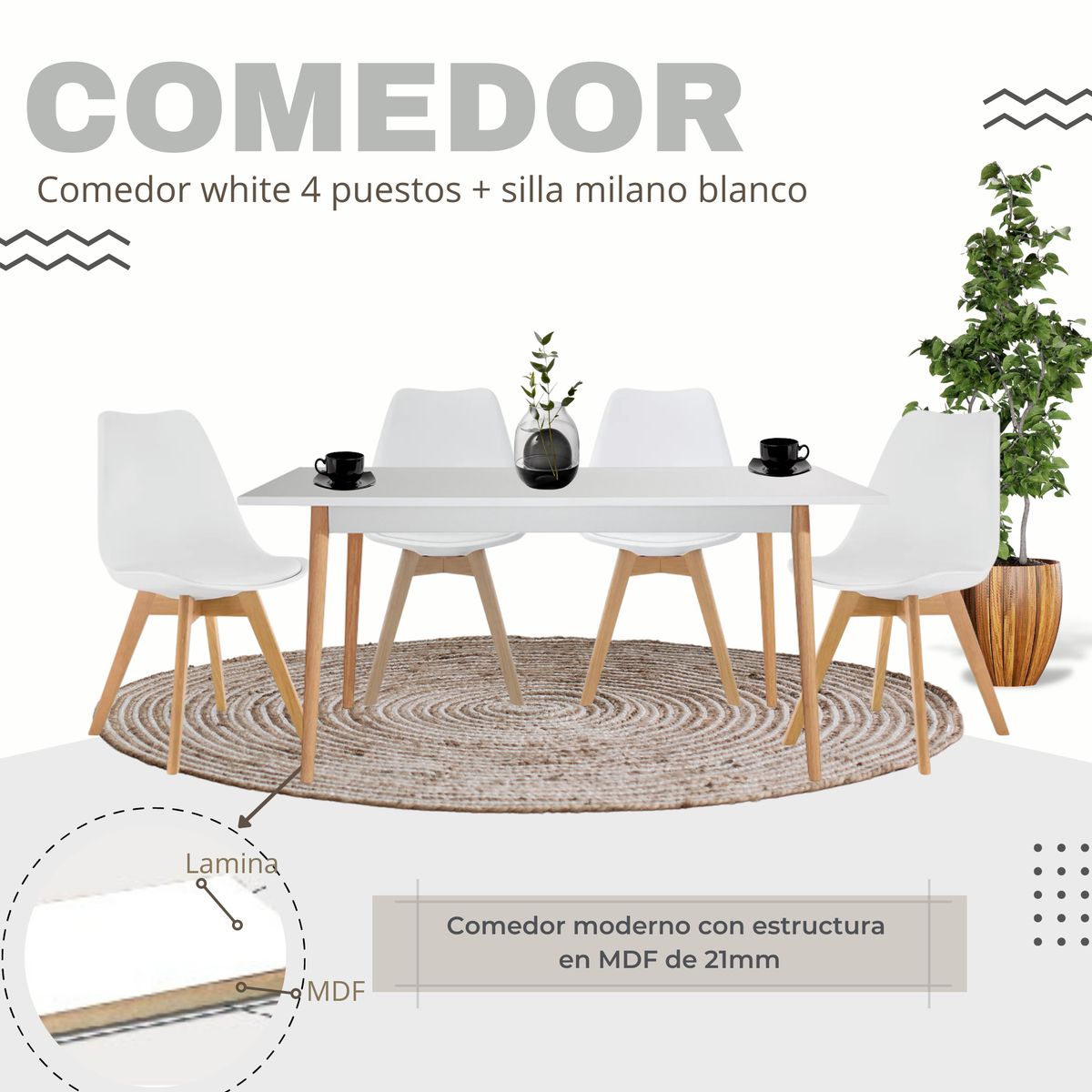 EKONOMODO COLOMBIA - Comedor White 4 Puestos + Silla Milano Blanco