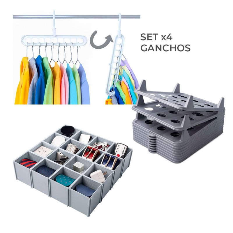 ENERGY PLUS - Combo Closets: organizador apilable + Cubo + Set 4 Ganchos