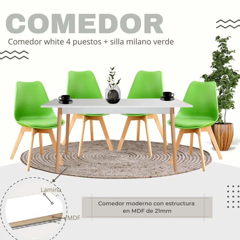 EKONOMODO COLOMBIA - Comedor White 4 Puestos y silla milano verde