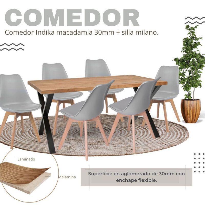 EKONOMODO COLOMBIA - Comedor Indika macadamia 30mm  silla milano gris