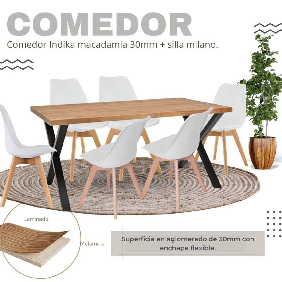 EKONOMODO COLOMBIA - Comedor Indika macadamia 30mm  silla milano blanco