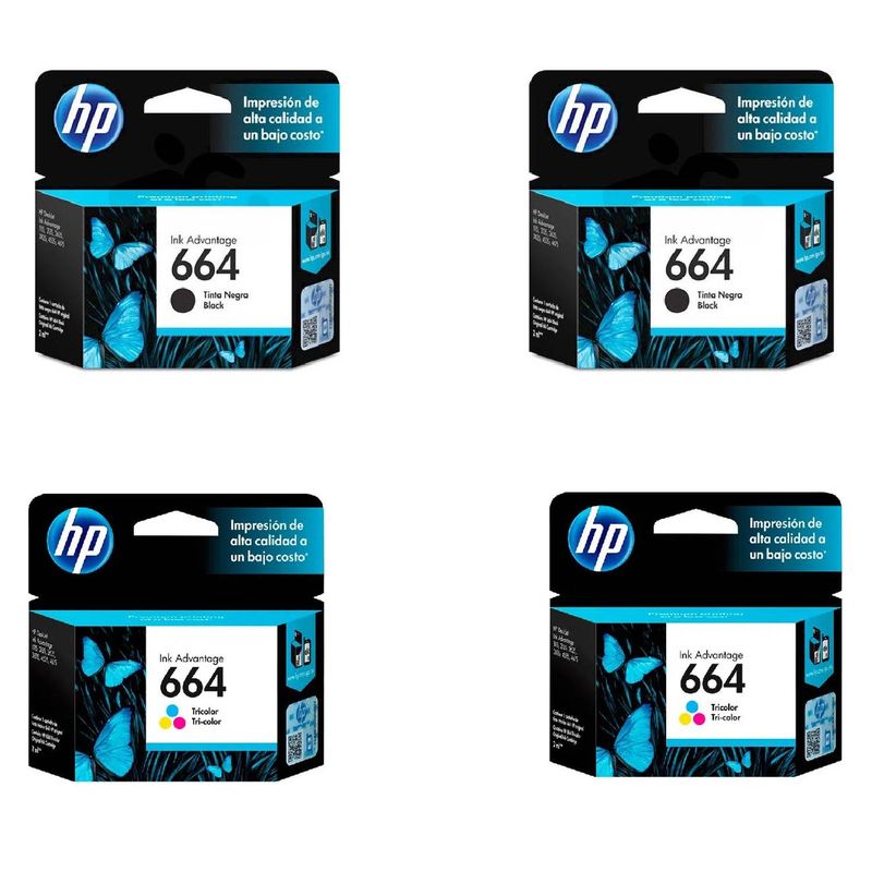 HP - Kit Cartuchos De Tinta 664 Original 2 Negro Y 2 Tricolor