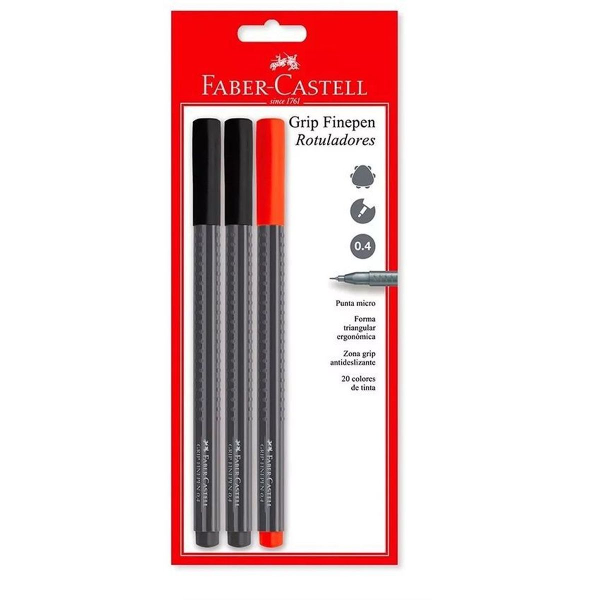 FABER CASTELL - Micropunta 0,4 mm negro y rojo blister x 3 faber castell