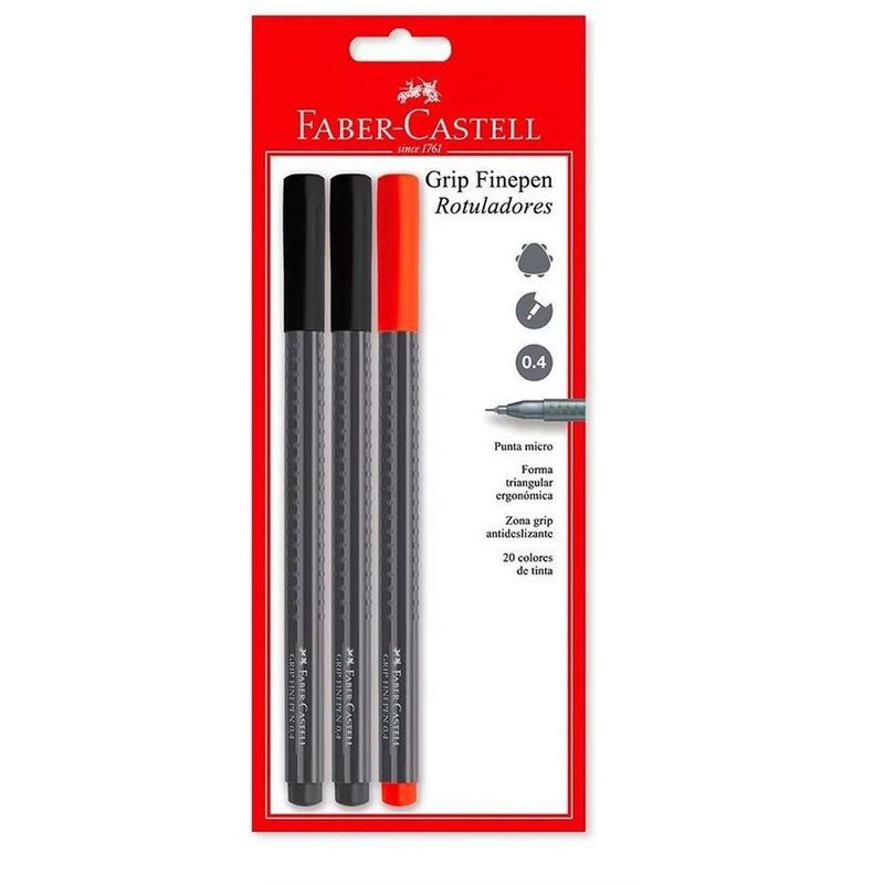 FABER CASTELL - Micropunta 0,4 mm negro y rojo blister x 3 faber castell