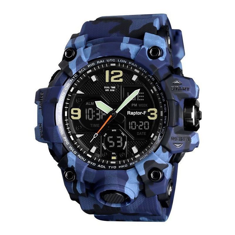 RAKTORS - Reloj Hombre Raptor-F Militar doble esfera 50 mts agua Camuflado Azul