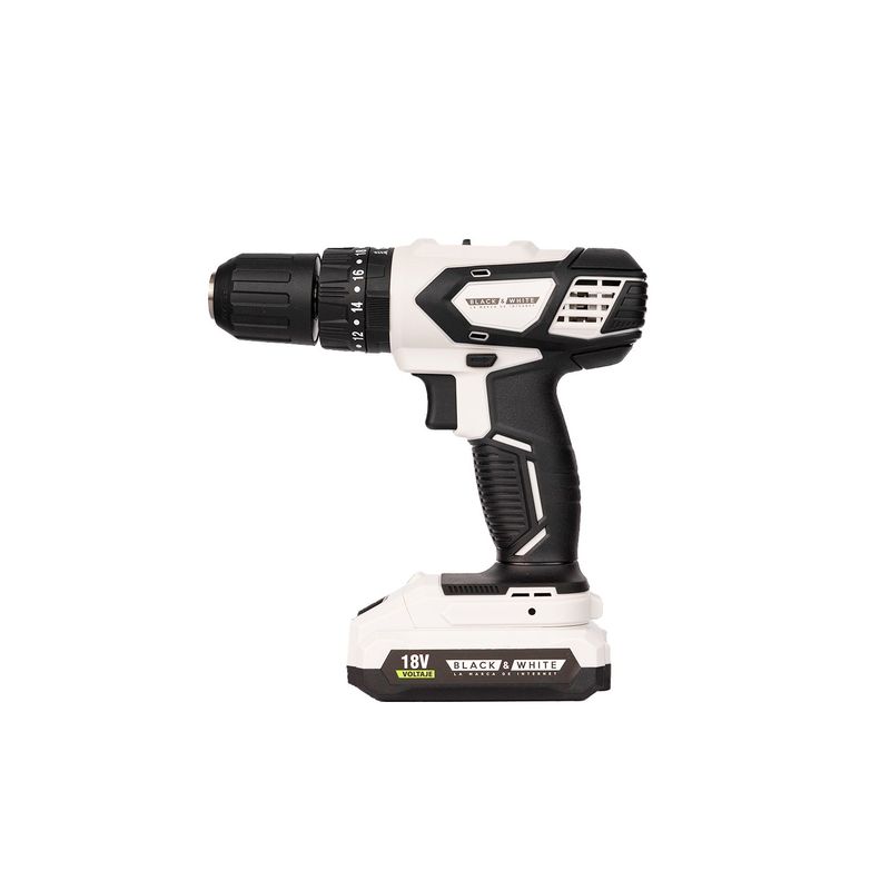 BLACK & WHITE - Taladro Percutor Atornillador Inalambrico Recargable 18V 12 32Nm